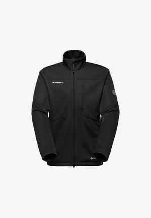 Zwarte Mammut softshell jas met volledige ritssluiting, staande kraag en ritszakken aan de zijkant, ontworpen voor weersbestendigheid.