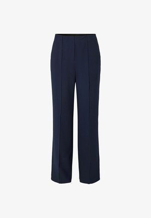 Pantalon droit pour femmes bleu marine avec taille haute et design simple, présenté sur un fond blanc.