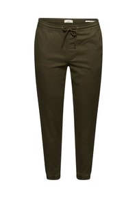Pantalon décontracté vert foncé avec taille élastique, fermeture par cordon et bas élastiques aux chevilles, présenté de face sur fond blanc.