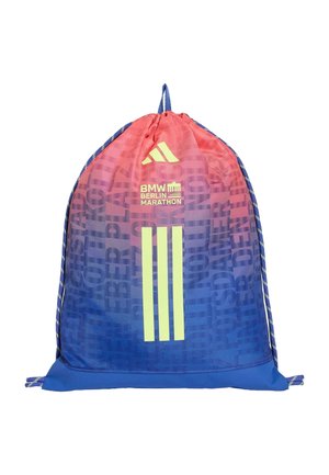 Sacca con coulisse con gradiente dal rosa al blu, logo Adidas, scritta BMW Berlin Marathon e tre strisce verticali gialle sul davanti.