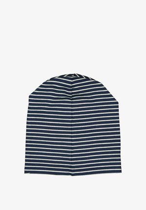 Marineblå hue med hvide striber, lavet af strikket stof, med en rund top og en central søm ned ad ryggen.