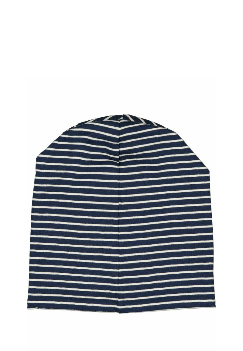 Laivansininen pipomalli, jossa on valkoisia raitoja, valmistettu neuloksesta, ja siinä on pyöreä pääosa ja keskisuora sauma takana.