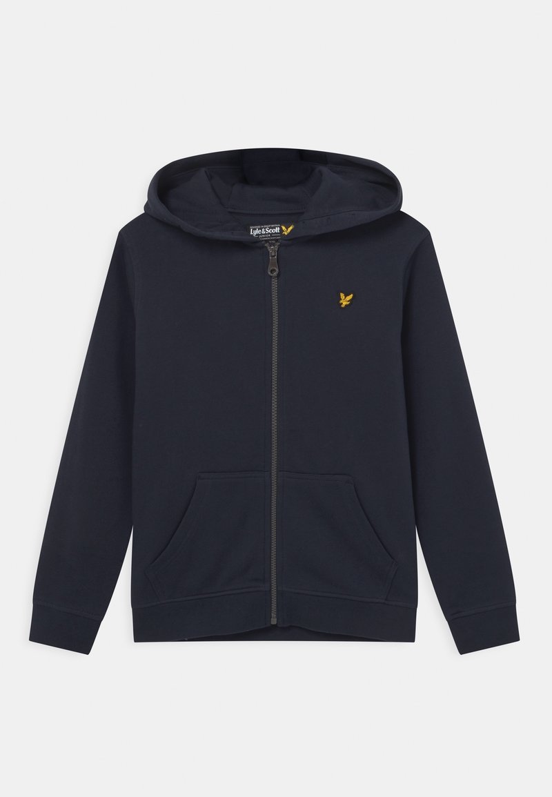 Marineblauwe zip-up hoodie met voorzakken, een capuchon en een klein geel vogel-logo op de linkerborst.