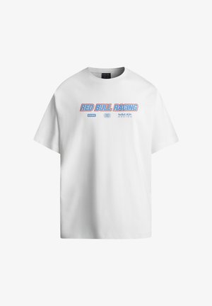 White cotton t-shirt with crew neck and short sleeves. Features red and blue "RED BULL RACING" graphic on the front.