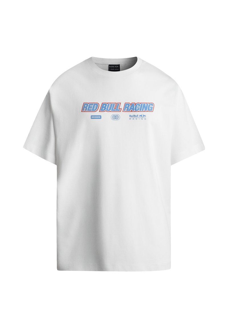 Biała bawełniana koszulka z okrągłym dekoltem i krótkimi rękawami. Na przodzie znajduje się czerwona i niebieska grafika "RED BULL RACING".