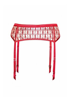 Roter Spitzenstrumpfgürtel mit floralem Mesh-Design, verstellbaren Trägern und glattem Bund. Blumenmuster und glänzende Textur.