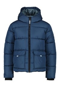 Marinblå puffjacka med huva, försedda med dragkedja fram, två framfickor och elastiska ärmslut. Materialet har en slät, glansig yta.