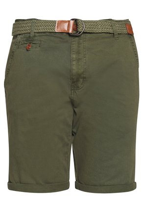 Olive green shorts made of cotton with a woven belt. Features rolled hems, front pockets, and a leather accent on the belt.