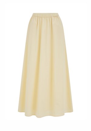 Jupe longue beige clair avec taille élastique et silhouette évasée en forme de A sur fond blanc.