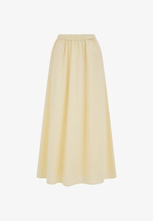 Jupe longue beige clair avec taille élastique et silhouette évasée en forme de A sur fond blanc.