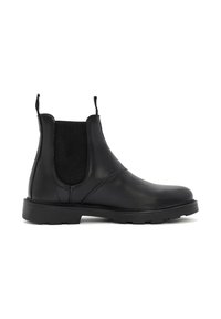 Botín Chelsea negro de cuero con paneles laterales elásticos, lengüetas, textura suave, punta redondeada y suela gruesa de goma.