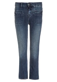 Jeans in denim blu scuro con design a gamba dritta, dotati di quattro tasche, chiusura con bottone e leggera scoloritura per un effetto visivo accattivante.