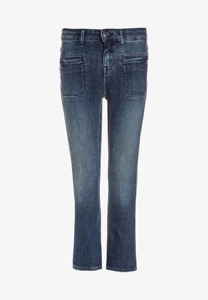 Jeans de mezclilla azul oscuro con un diseño de pierna recta, que cuentan con cuatro bolsillos, cierre de botón y un sutil desgaste para mayor atractivo visual.