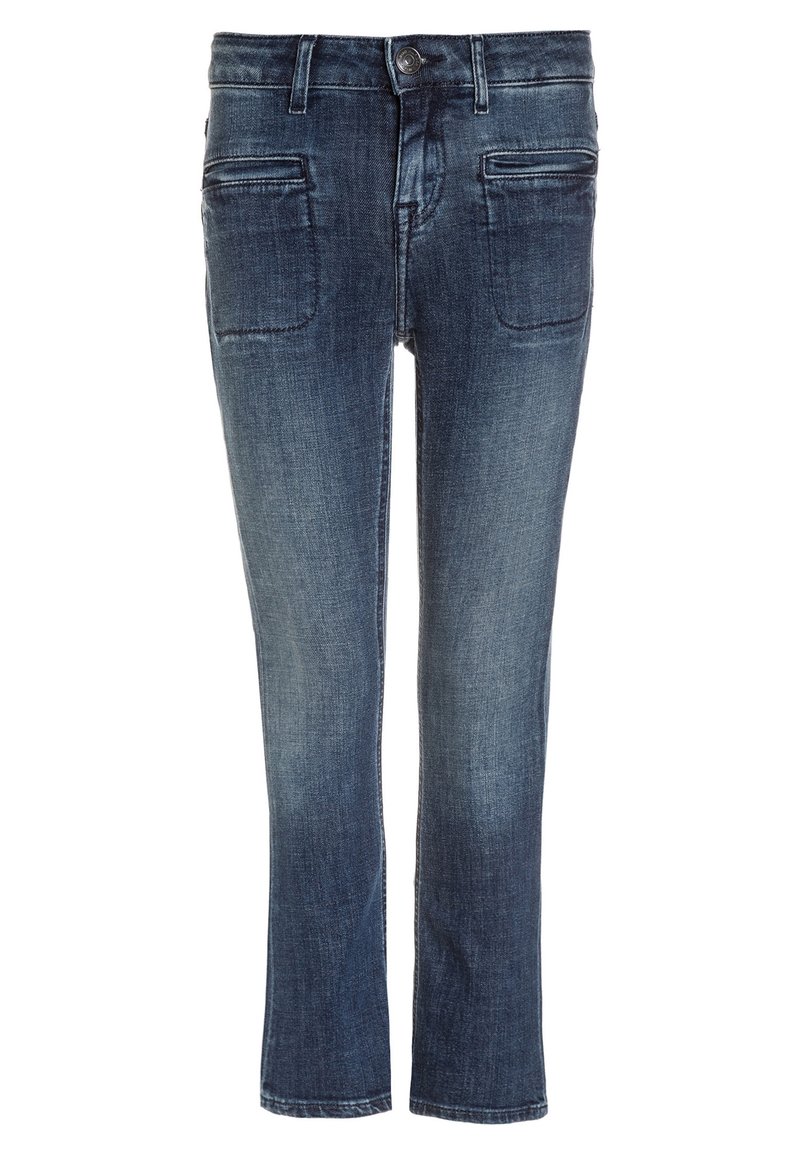 Jeans in denim blu scuro con design a gamba dritta, dotati di quattro tasche, chiusura con bottone e leggera scoloritura per un effetto visivo accattivante.