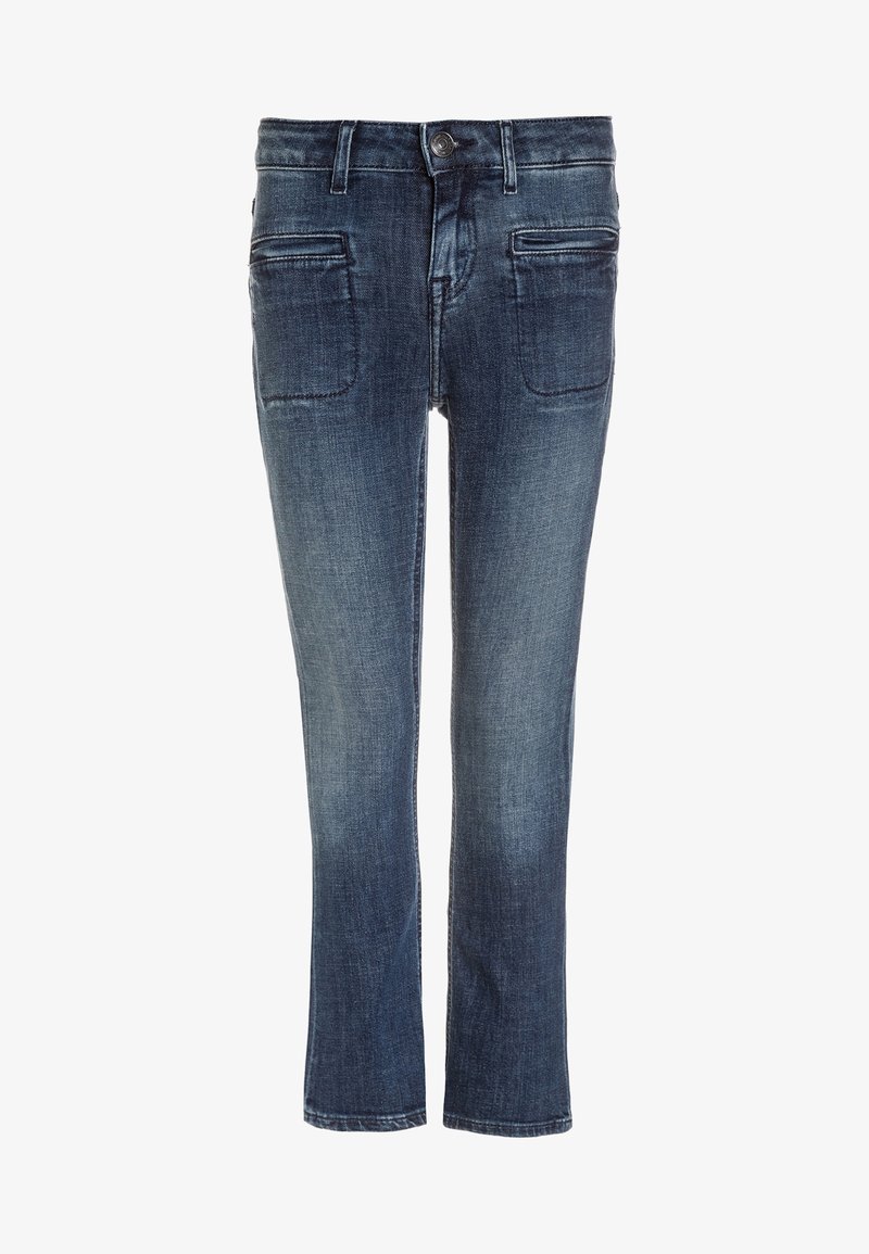 Jeans in denim blu scuro con design a gamba dritta, dotati di quattro tasche, chiusura con bottone e leggera scoloritura per un effetto visivo accattivante.