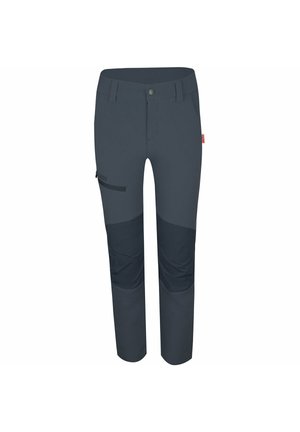 Gray outdoor pants with a fitted design, made of stretchy fabric, features knee patches, side pocket, and a button closure at the waistband.