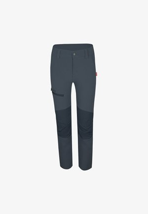 Graue Outdoor-Hosen mit figurbetontem Design, aus dehnbarem Stoff, ausgestattet mit Knieeinsätzen, seitlichen Taschen und einem Knopfverschluss am Bund.