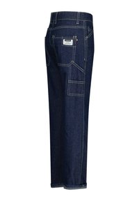 Pantaloni cargo in denim di colore blu scuro, dotati di numerose tasche, taglio dritto, cuciture a contrasto e un'etichetta con il marchio sul retro.