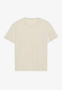 Lys beige kortermet t-skjorte laget av myk bomull, med rund hals og et enkelt design uten mønstre eller utsmykninger.