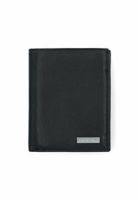 Czarny skórzany portfel o gładkiej powierzchni, w składanym (bi-fold) designie, z srebrnym logo marki z przodu. Prosty, bez dodatkowych wzorów czy akcentów.