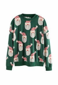 Zelená mikina s opakujícím se vzorem tváří Santa Klause, každý má červenou a bílou kostkovanou čepici, bílý plnovous a hvězdné akcenty.