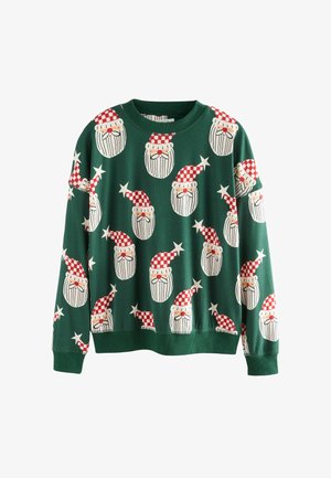 Zelená mikina s opakovaným vzorom tvárí Santa Klausa, z ktorých každá má červeno-bielu kockovanú čiapku, bielu bradu a hviezdičkové akcenty.