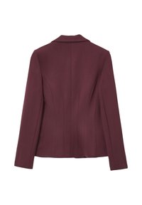 Blazer bordeaux dal taglio sartoriale, con revers a notched e dettagli di cucitura sottili sulla schiena per dare struttura. Tessuto liscio e texturizzato.