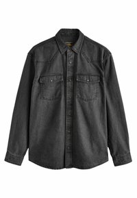 Dark gray denim shirt with long sleeves, pointed collar, front button closure, two chest pockets, and western-style yoke detailing.
