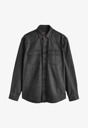 Mørkegrå denimskjorte med lange ærmer, spidse kraver, frontknaplukning, to brystlommer og western-stil yoke-detaljering.