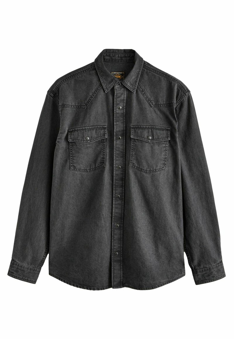 Dark gray denim shirt with long sleeves, pointed collar, front button closure, two chest pockets, and western-style yoke detailing.