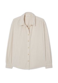 Cording shirt in off-white, featuring a collar, button front, long sleeves, and subtle ribbed texture. Buttons are light brown.