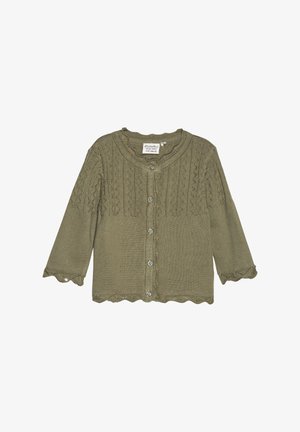 Olivgrüner gestrickter Cardigan mit langen Ärmeln, gewelltem Saum, strukturierten Mustern und fünf Knopfverschlüssen auf der Vorderseite.