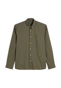 Olijfgroen overhemd met lange mouwen, met een button-down kraag, witte knopen en een subtiel logo op de borst. Gemaakt van een gladde stof.