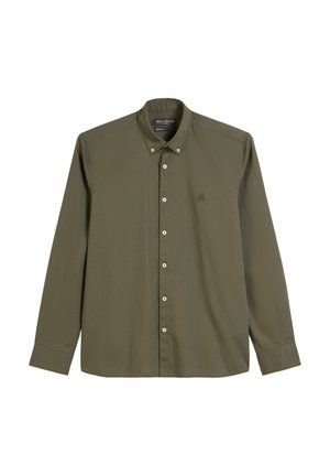Olijfgroen overhemd met lange mouwen, met een button-down kraag, witte knopen en een subtiel logo op de borst. Gemaakt van een gladde stof.