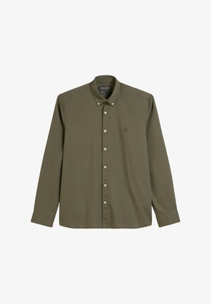 Camicia a maniche lunghe verde oliva con colletto button-down, bottoni bianchi e un logo discreto sul petto. Realizzata in un tessuto liscio.