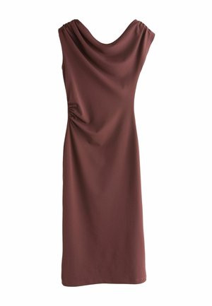 Sleeveless midi dress in deep mauve with draped neckline and subtle side ruching on smooth fabric.
