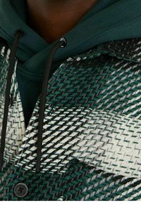 Närbild av en grön och vit hundtandmönstrad kappa som bärs över en mörkgrön huvtröja med svarta snören.