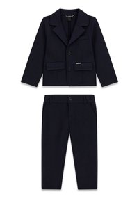 Ensemble de costume formel pour enfants en bleu marine foncé, comprenant un blazer à manches longues avec fermeture par boutons et un pantalon droit assorti avec passants pour ceinture.