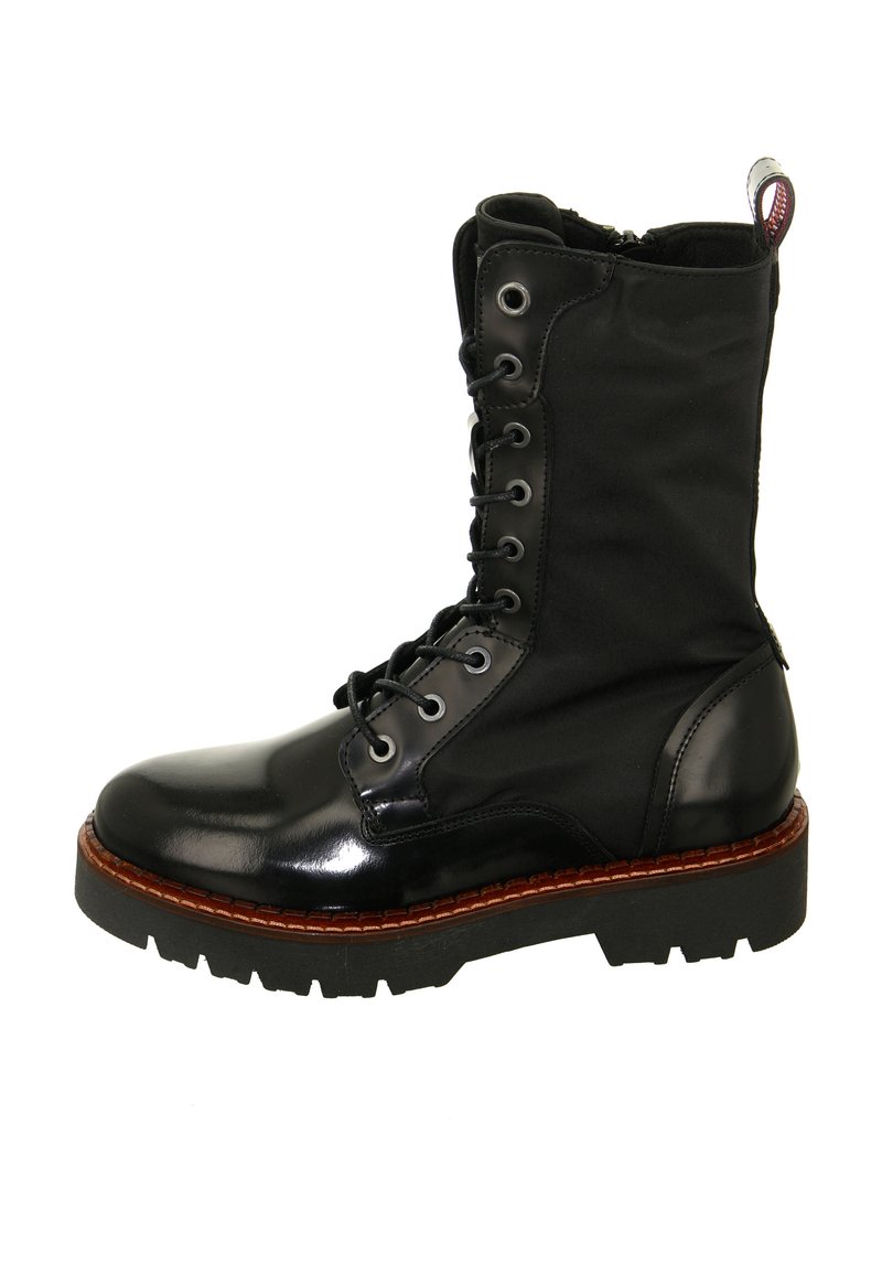 Black leather and fabric lace-up combat boot with thick treaded sole and brown welt stitching, front pull tab, and side zipper.