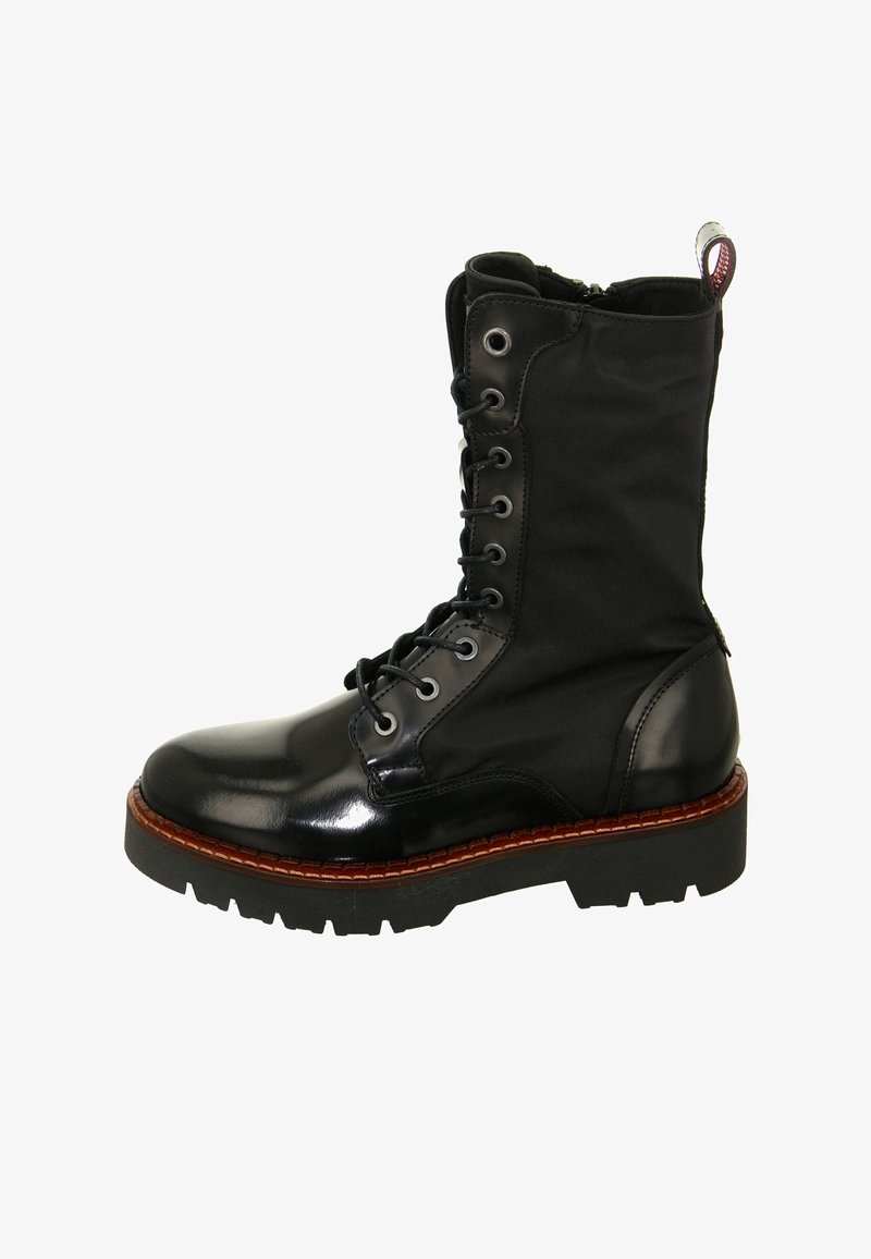 Black leather and fabric lace-up combat boot with thick treaded sole and brown welt stitching, front pull tab, and side zipper.