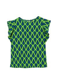 Blusa a maniche corte con motivo a goccia verde, blu e blu scuro, e bordi delle maniche smerlati su uno sfondo bianco.