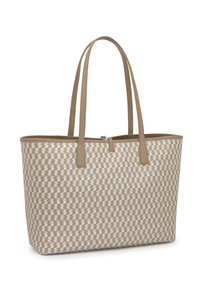 Bolsa de mano con un patrón de zigzag tejido en crema y beige, material sintético, asas de cuero sintético beige y cierre de cremallera en la parte superior.