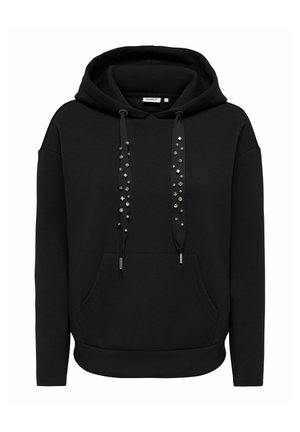Zwarte hoodie met voorzak en decoratieve zilveren studs op de trekkoorden, lange mouwen en geribde zoom en manchetten.