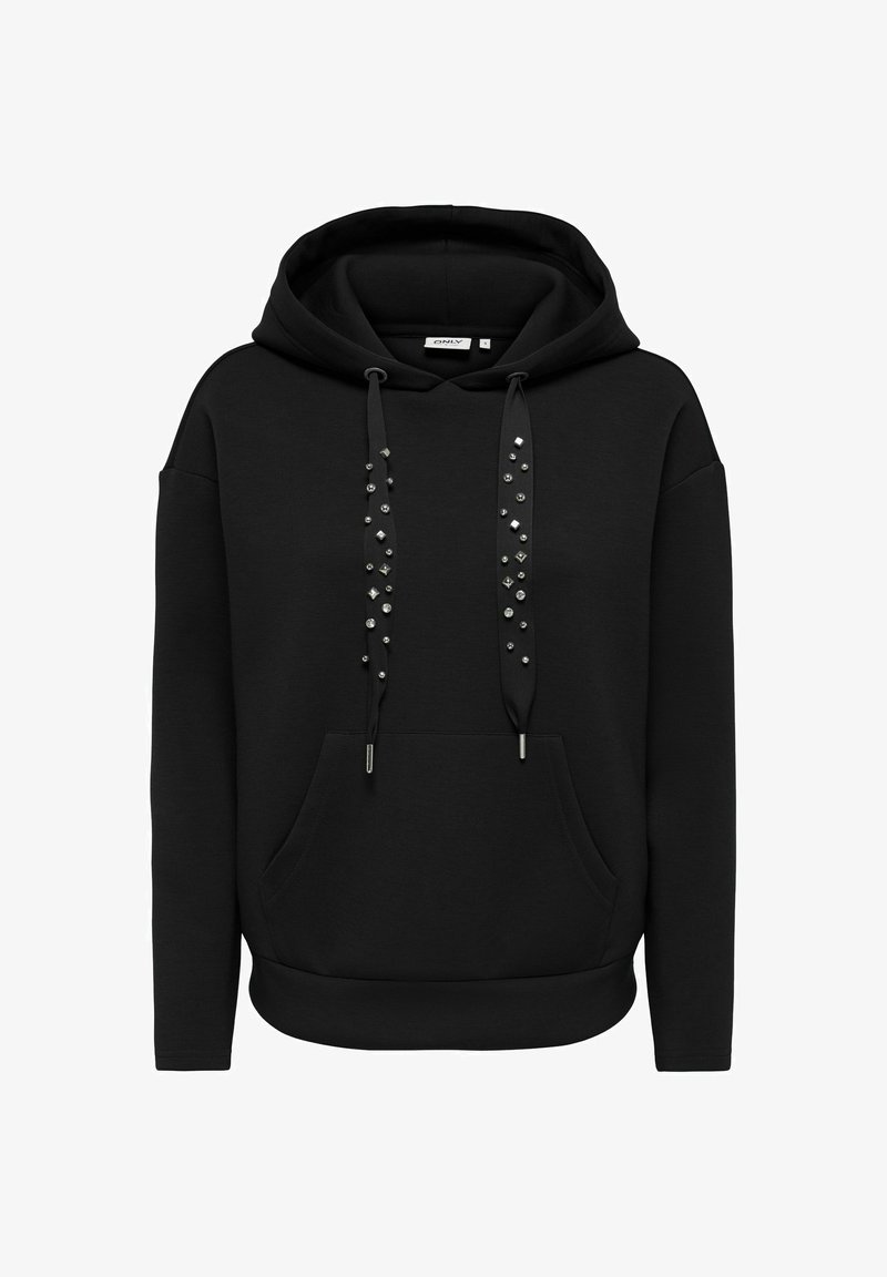Sweat à capuche noir avec poche avant et clous décoratifs argentés sur les cordons, manches longues, ourlet et poignets côtelés.