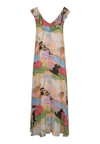 Varrukateta V-kaelusega maksikleit, millel on volangidega õlad ja pastelltoonides mitmevärviline lille- ning loodusteemaline muster.