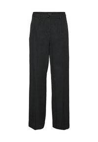 Zwarte, wijde broek gemaakt van gladde stof. Voorzien van een sluiting met een knoop aan de voorkant, zijzakken en een getailleerd ontwerp voor een gestructureerde pasvorm.