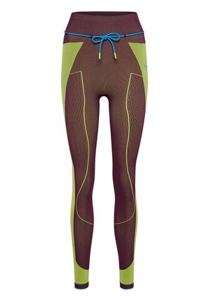 Purple and green leggings with ribbed texture, featuring a high waistband and adjustable blue drawstring, designed with accent panels.