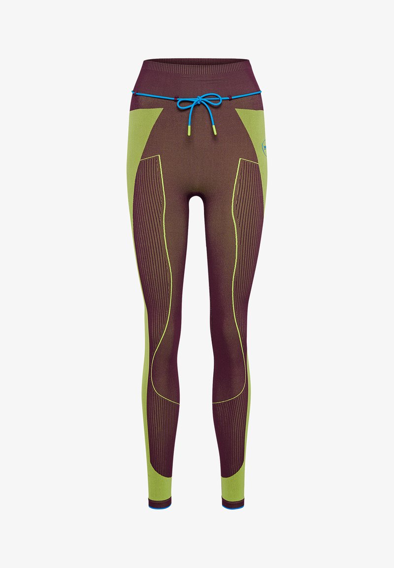 Leggings violets et verts avec une texture côtelée, présentant une taille haute et un cordon de serrage bleu ajustable, conçus avec des panneaux d'accent.