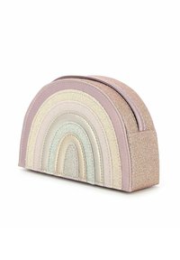 Borsa cosmetica a forma di arcobaleno con colori pastello. Presenta texture stratificate, tra cui glitter e finiture lisce. Chiusura con zip sulla parte superiore.