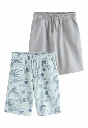 Deux paires de shorts à taille élastique, une unie gris clair et une bleu clair avec des motifs floraux abstraits, toutes deux avec des poches avant et des cordons de serrage.